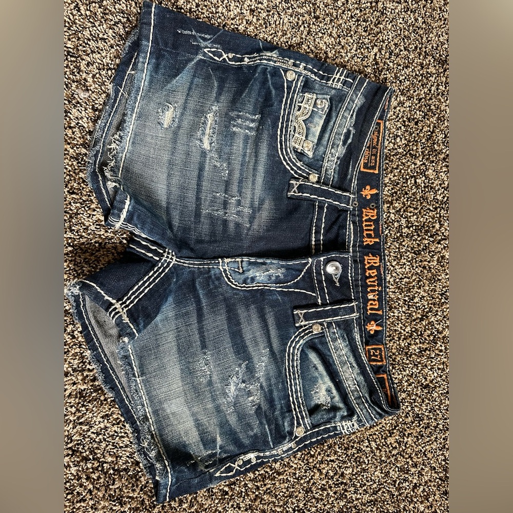 Rock Revival Distressed Dark Blue Jean Shorts